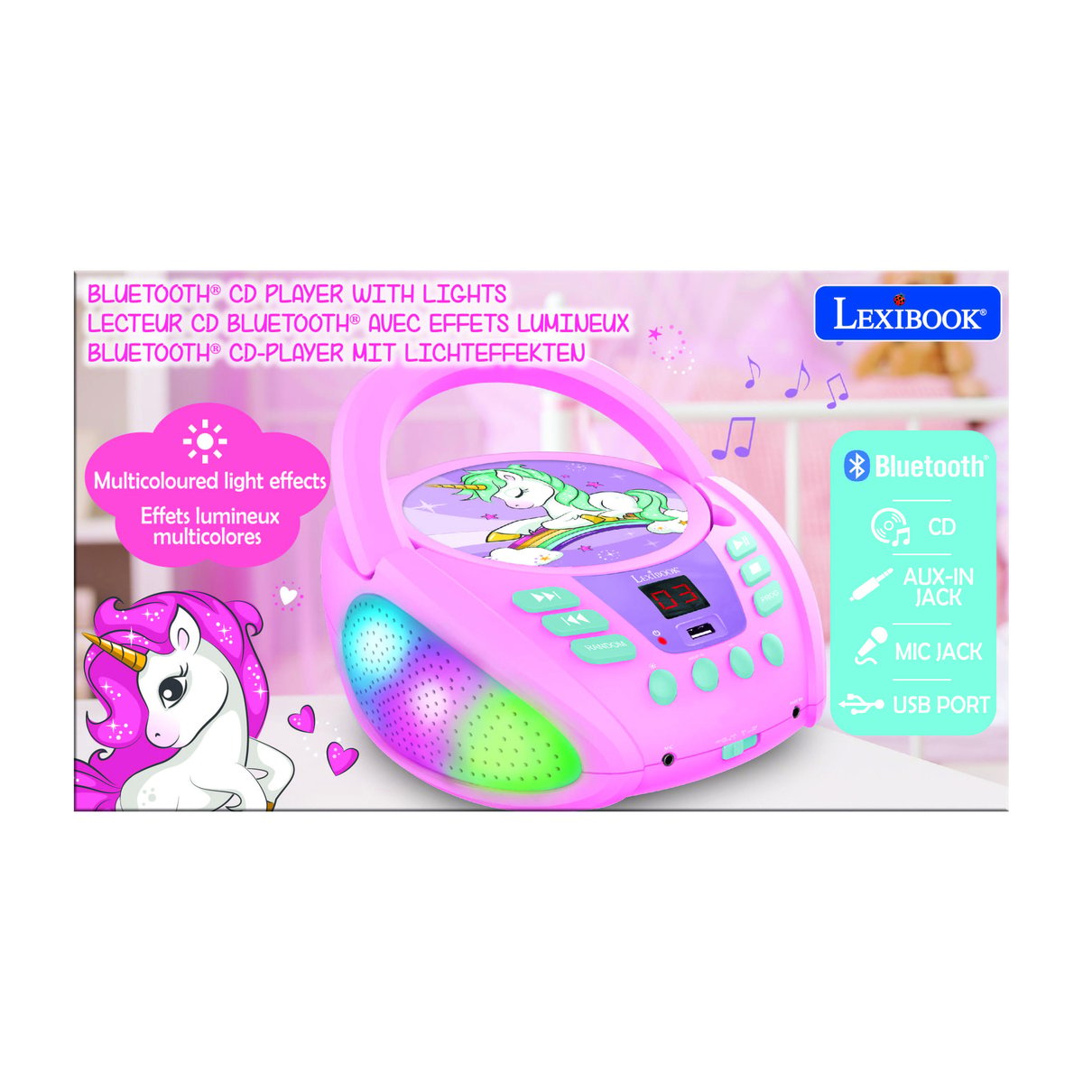 Lecteur CD Portable Bluetooth Licorne rose, LEXIBOOK