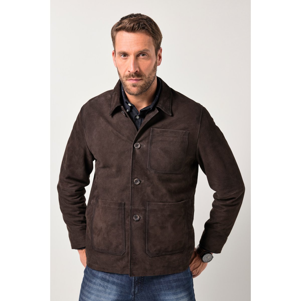 Veste en cuir de chèvre suédé. col chemise marron foncé, JP1880