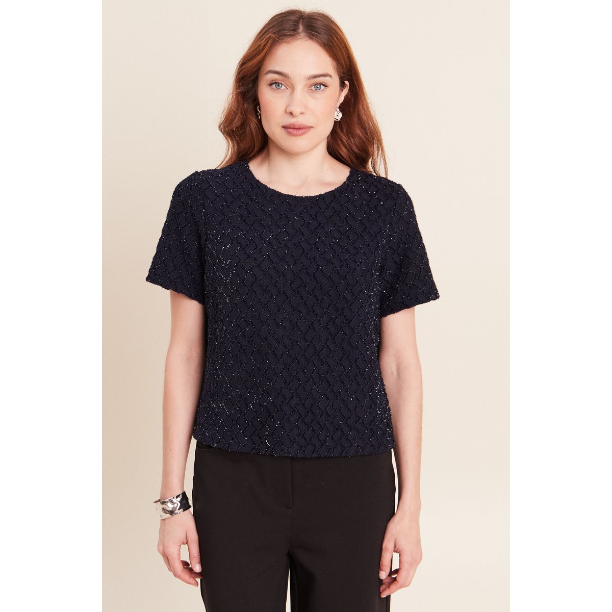 T-shirt col rond manches courtes doublé bleu foncé, BREAL