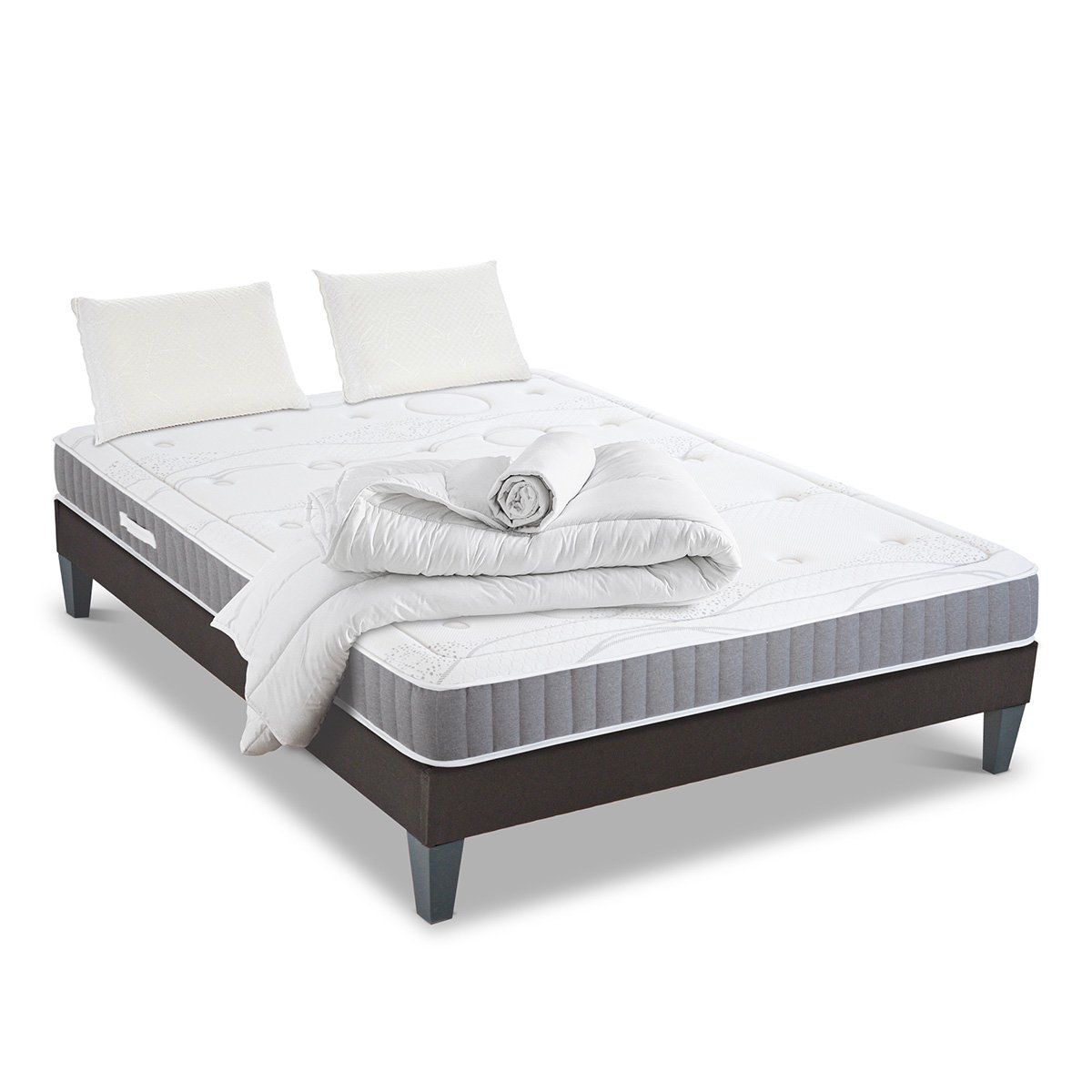 Pack Intuition 140x190 cm Matelas Mousse + Sommier Bois + Accessoires blanc, OLYMPE LITERIE