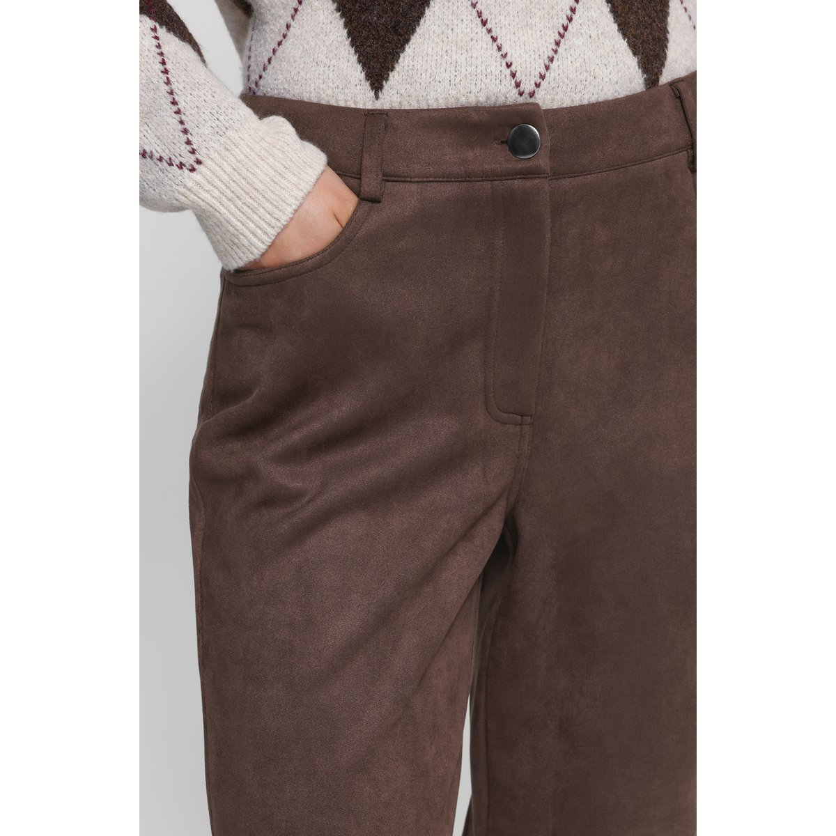 Pantalon coupe droite, finition douce effet suède marron coffee bean, ICHI