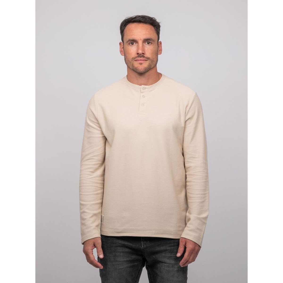 T Shirt Manches Longues Col Tunisien Coton Jominol beige, RITCHIE
