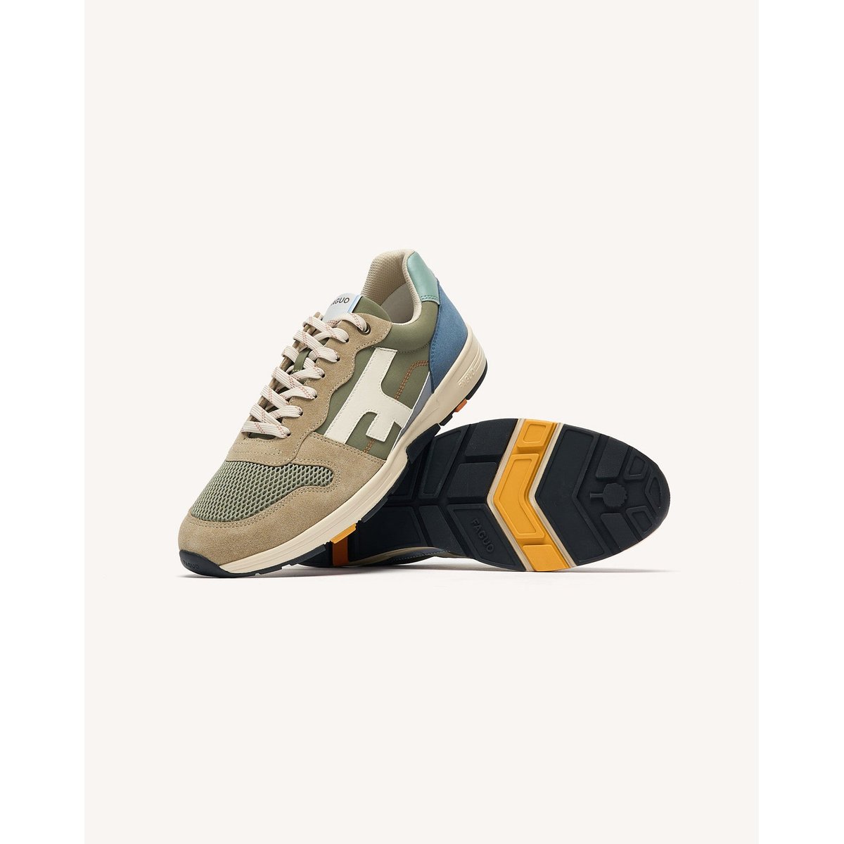 Running tissu suede OLIVE kaki et bleu, FAGUO