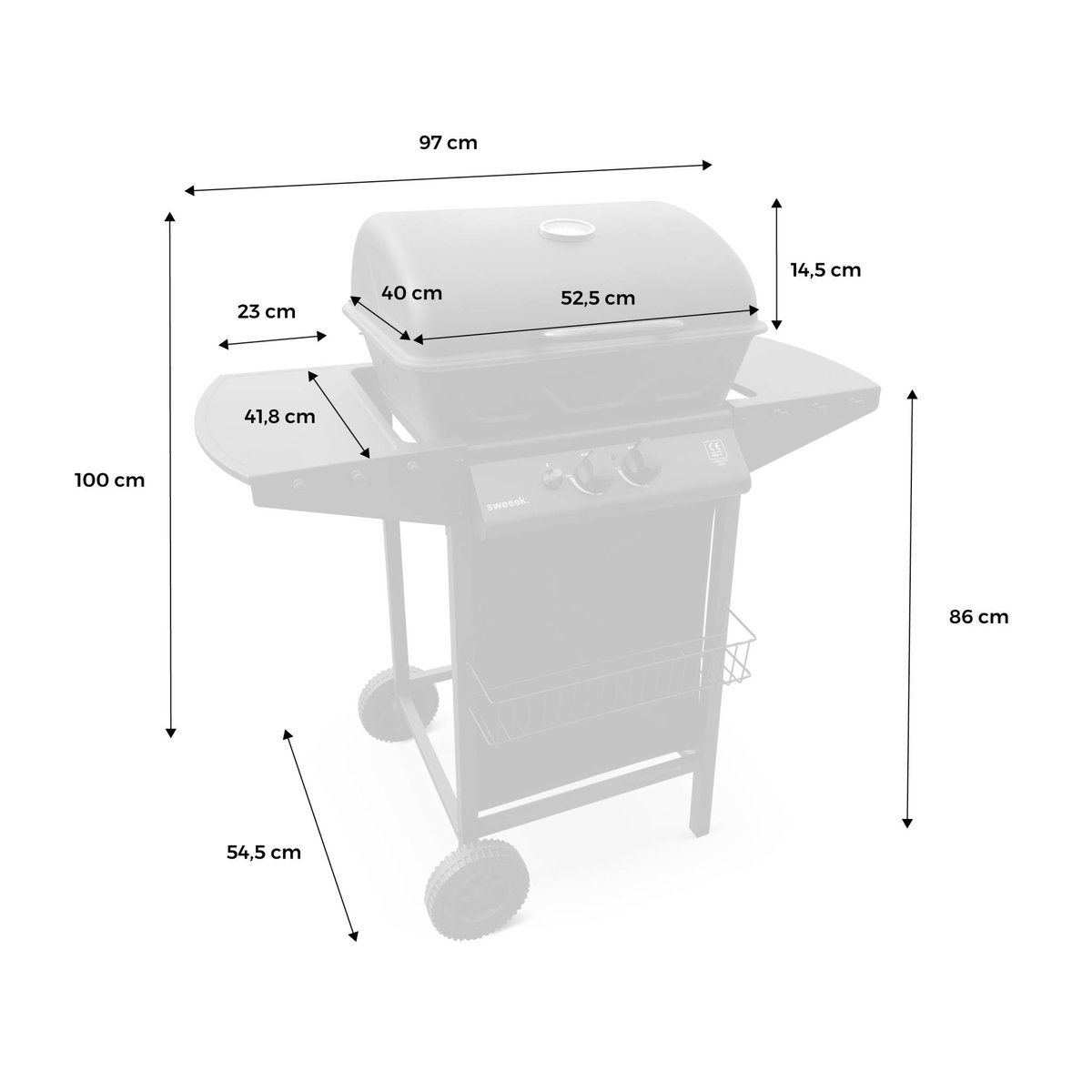 Barbecue gaz 2 brûleurs avec roues, tablettes et thermomètre ARAMIS noir, SWEEEK