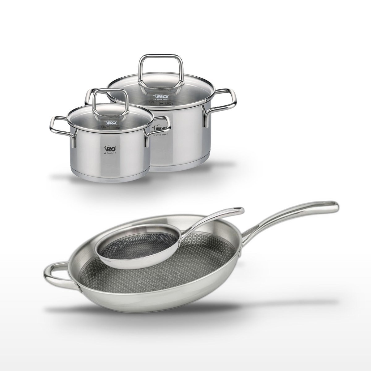 Batterie 1 poêle 24cm + 2 faitouts 16/20cm RELIEF EVOLUTION inox, ELO