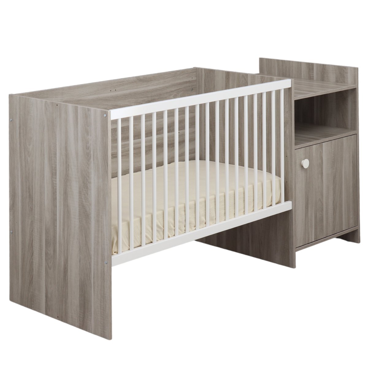 Lit combiné évolutif en décor bois avec commode à langer 1 porte gris, BABY PRICE