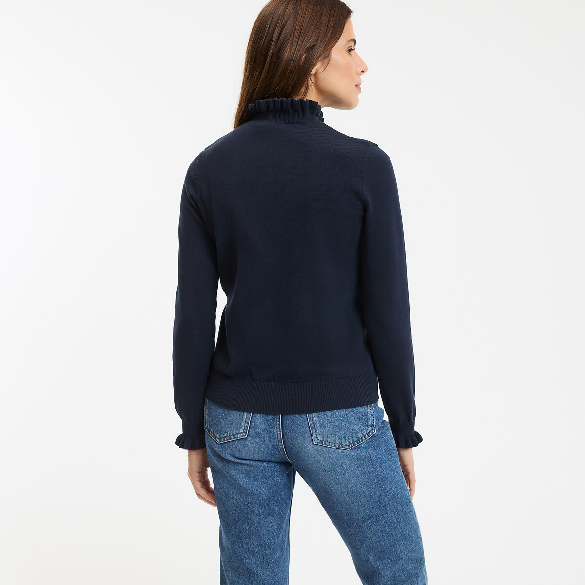 Cotton Long Sleeve Jumper with Ruffled High Neck navy blue, LA REDOUTE COLLECTIONS
