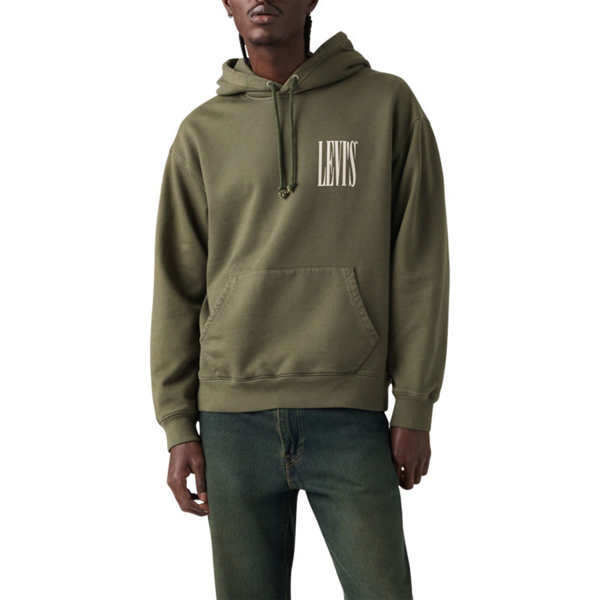 Sweat en coton mélangé kaki uni avec une coupe droite et une capuche vert, LEVI'S