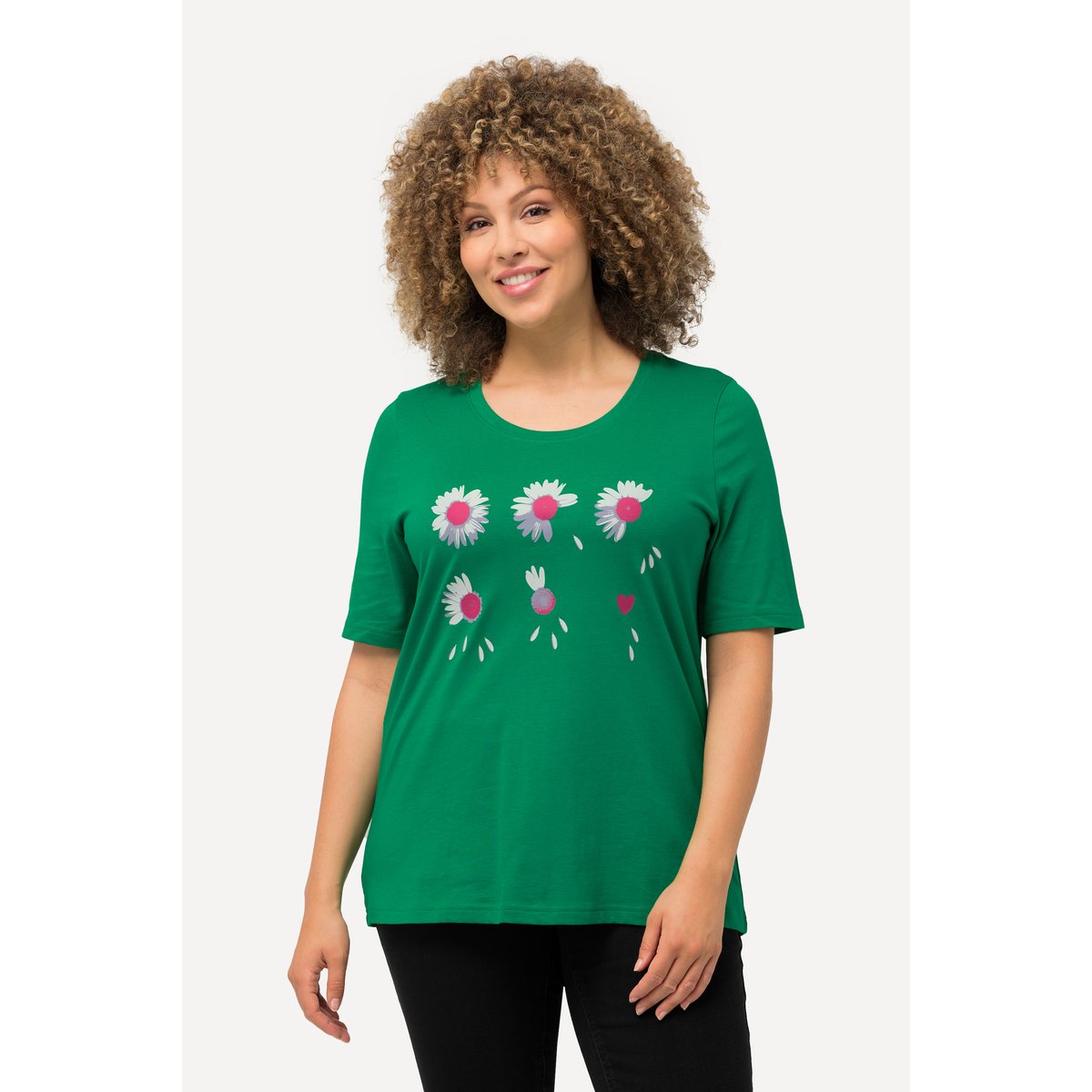 T-shirt à fleurs. Coupe Classic Fit. Col vert émeraude, ULLA POPKEN