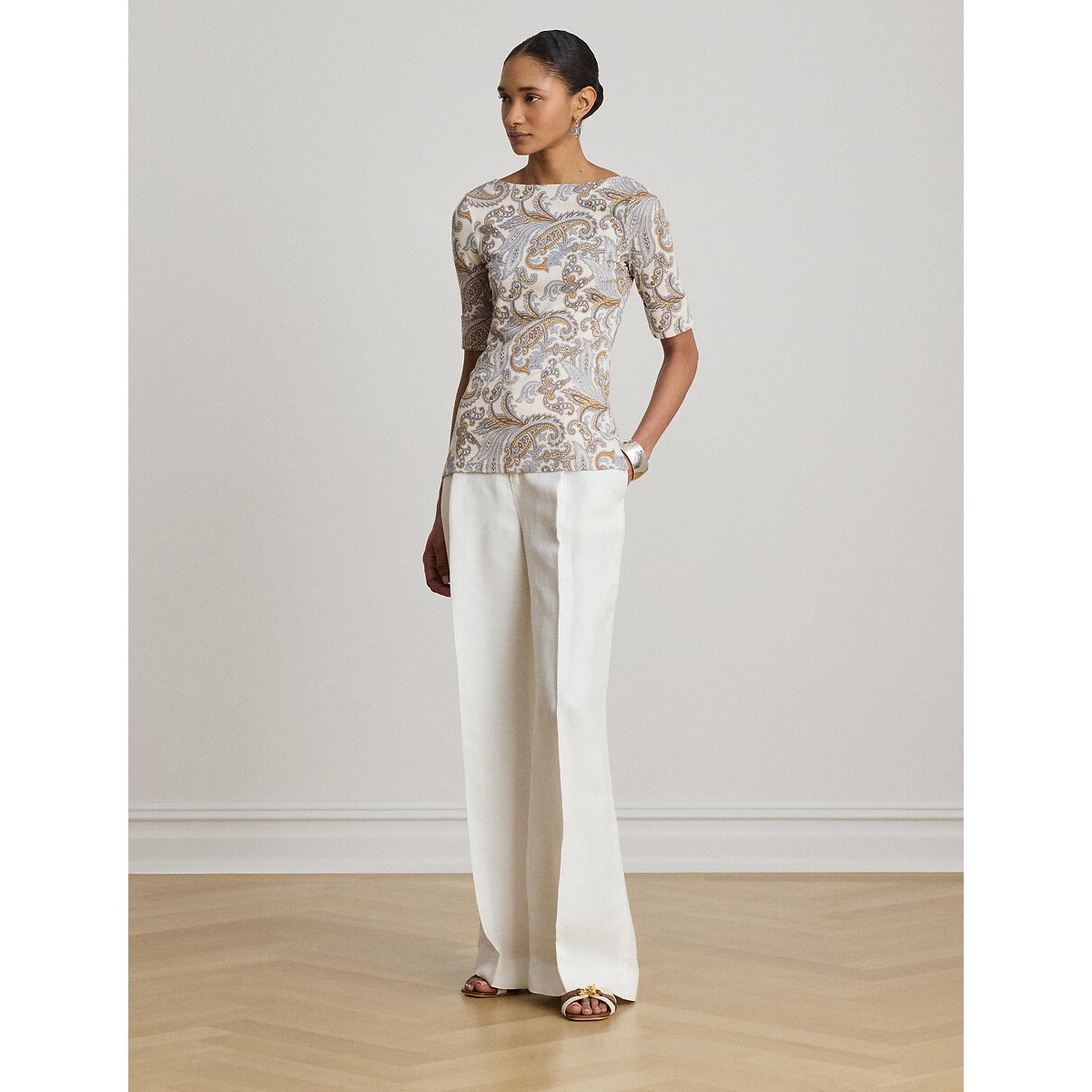 T-shirt manches courtes col bateau imprimé cachemire crème, LAUREN RALPH LAUREN