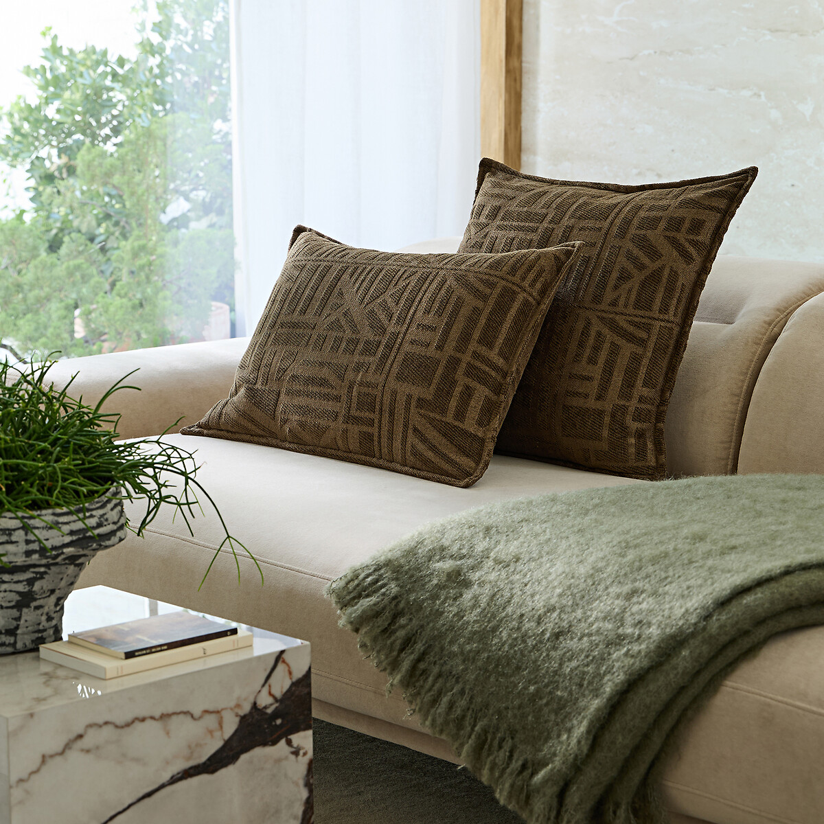 Housse de coussin chenille jacquard, Hesper vert olive, AM.PM