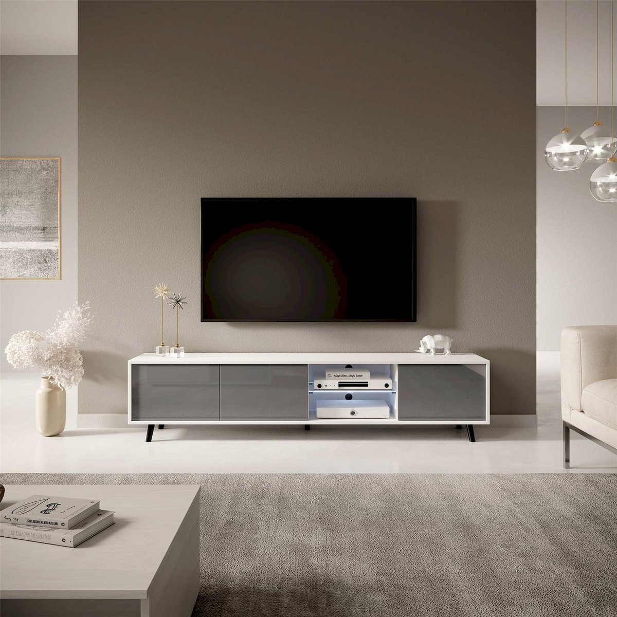 Meuble tv avec éclairage LED intégré gris chiné, RECOLLECTION