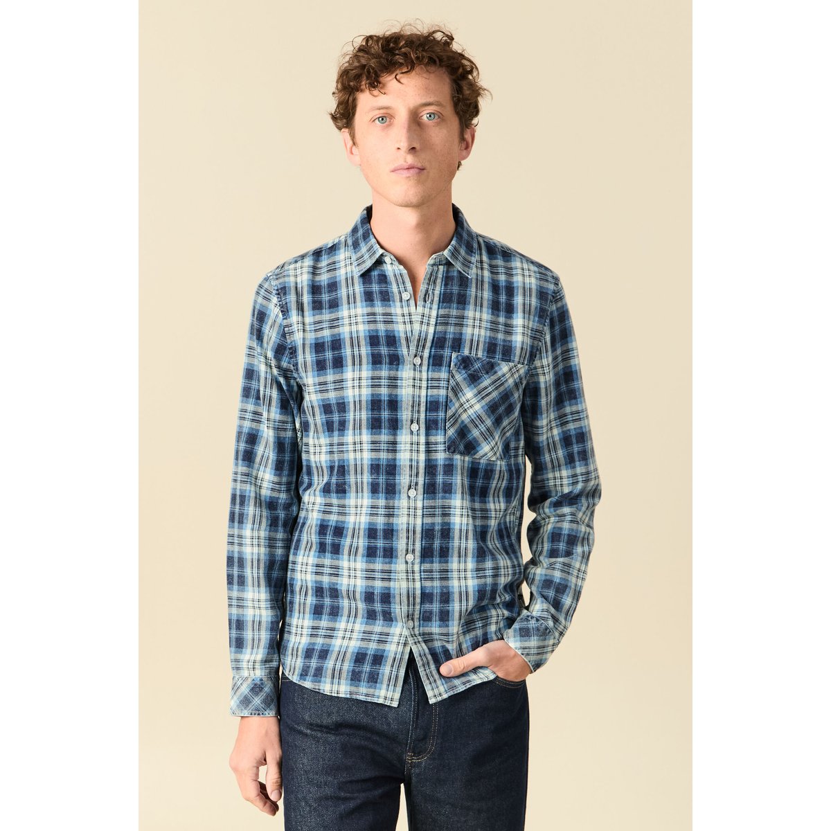 Chemise droite courte en coton bleu foncé, BONOBO