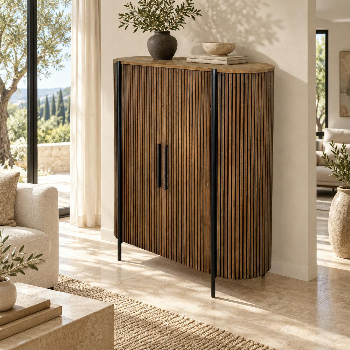 Buffet haut 2 portes côtés arrondis bois naturel TRANI bois naturel, PIER IMPORT