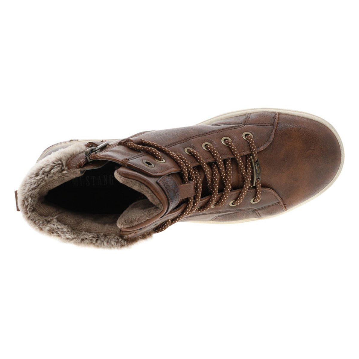 Tennis marron texturé à talon plat avec un zip et des lacets ronds marron, MUSTANG