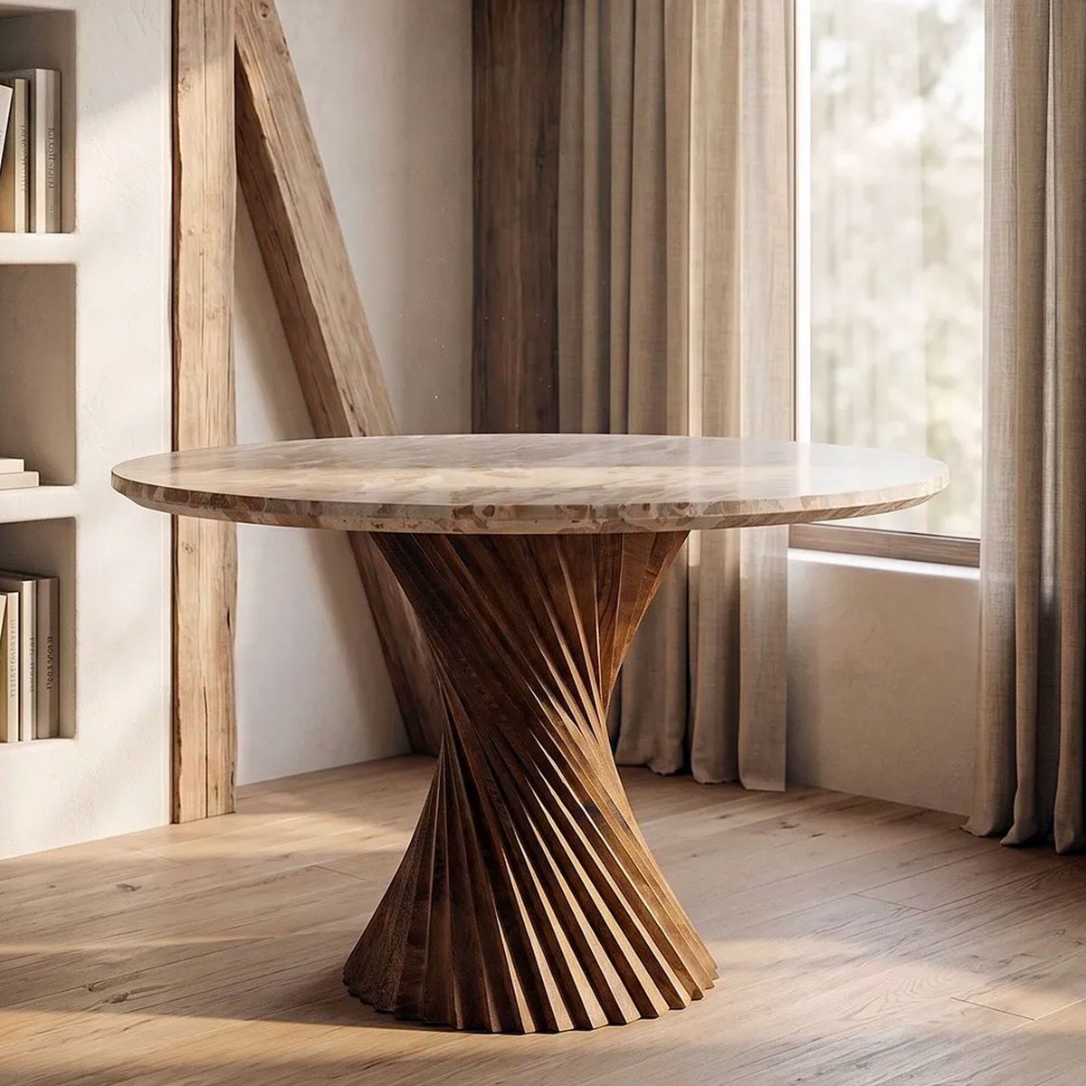 Table à manger design ronde bois et marbre 120x120x76cm bois, WADIGA