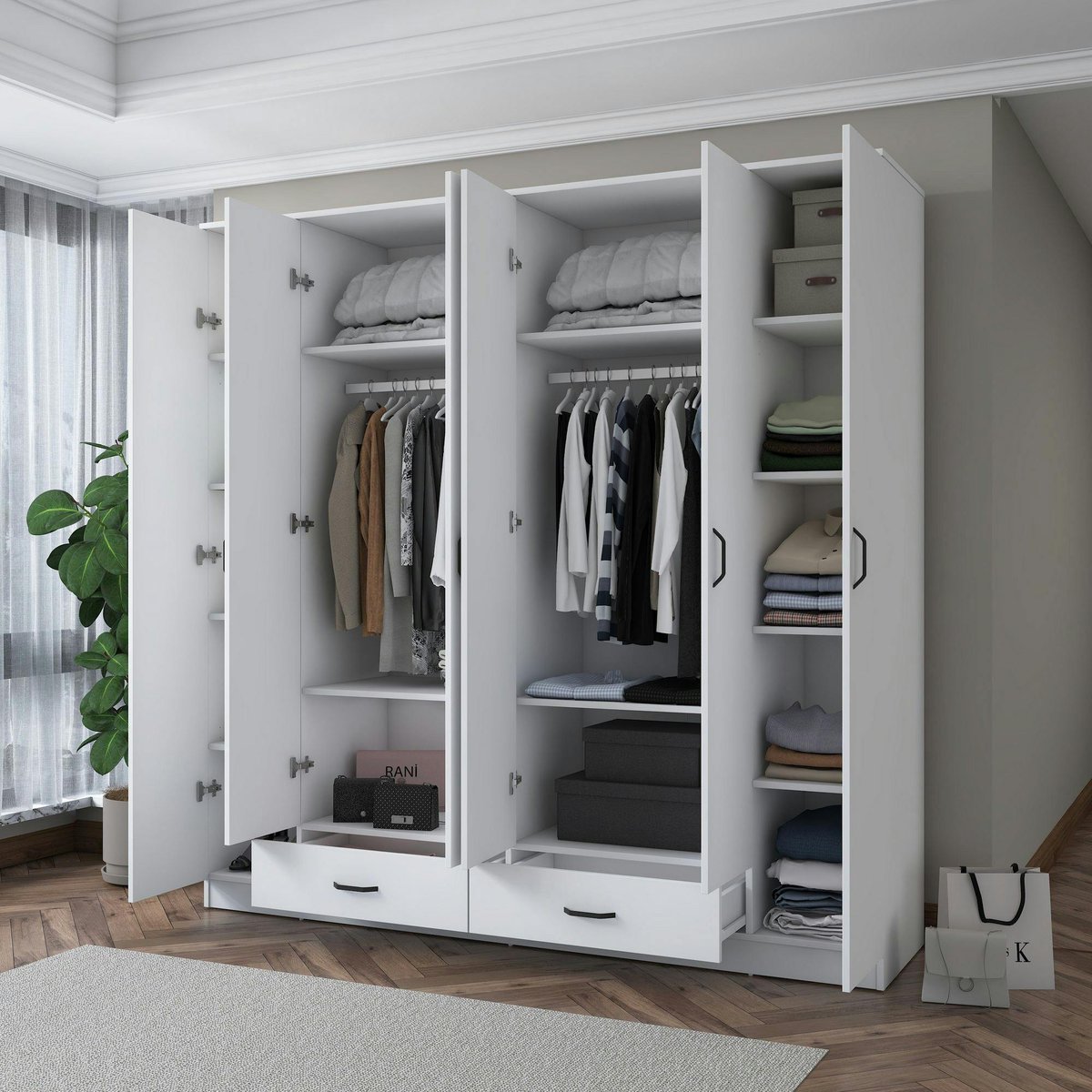 Armoire penderie blanche 6 portes 2 tiroirs BYRON blanc, PIER IMPORT