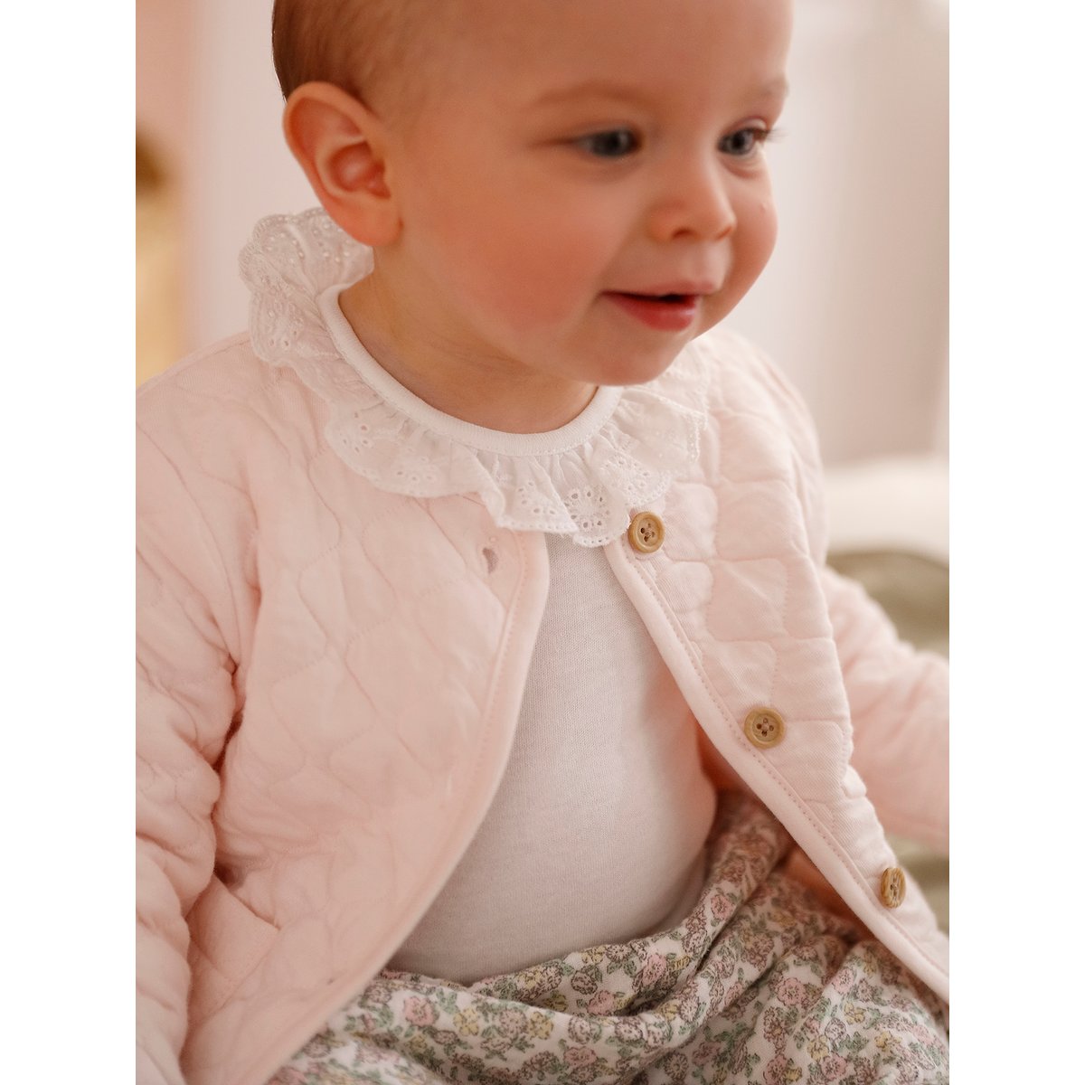 Gilet bébé matelassé en gaze de coton double face rose pâle, VERTBAUDET