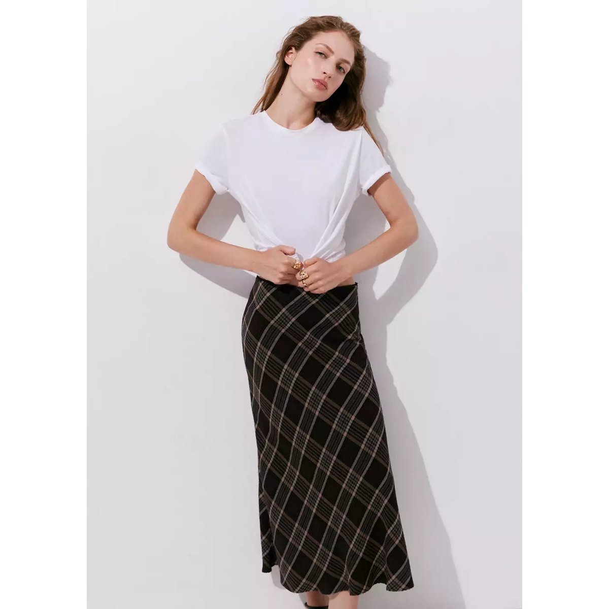 Jupe midi carreaux marron, MANGO