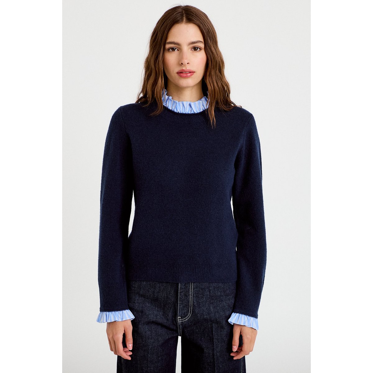 Pull col chemise manches longues bleu marine, CACHE CACHE