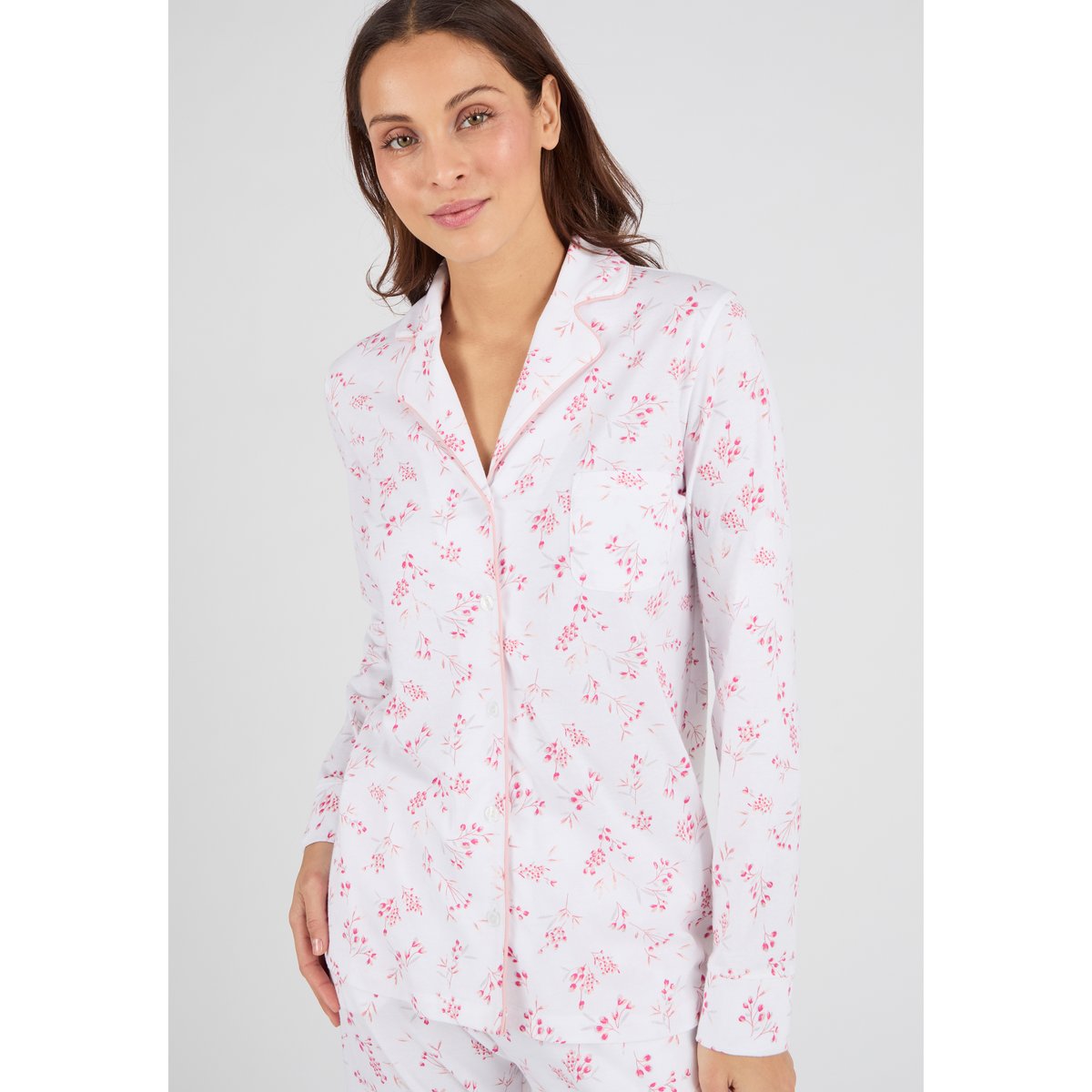 Pyjama en maille jersey pur coton rose fleuri, DAMART