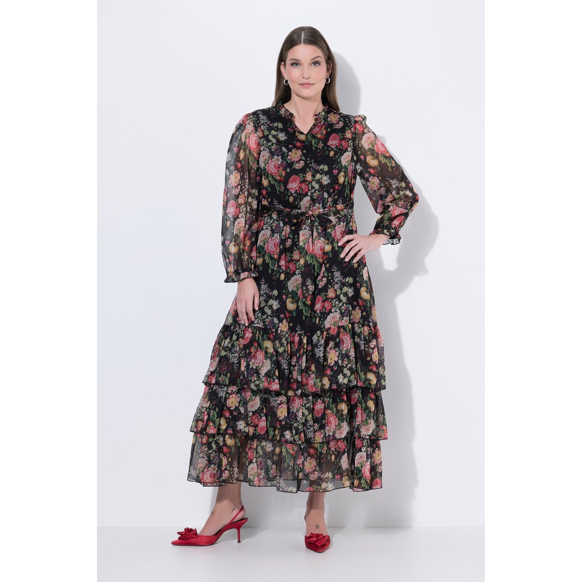 Robe longue à fleurs en mousseline noir, ULLA POPKEN