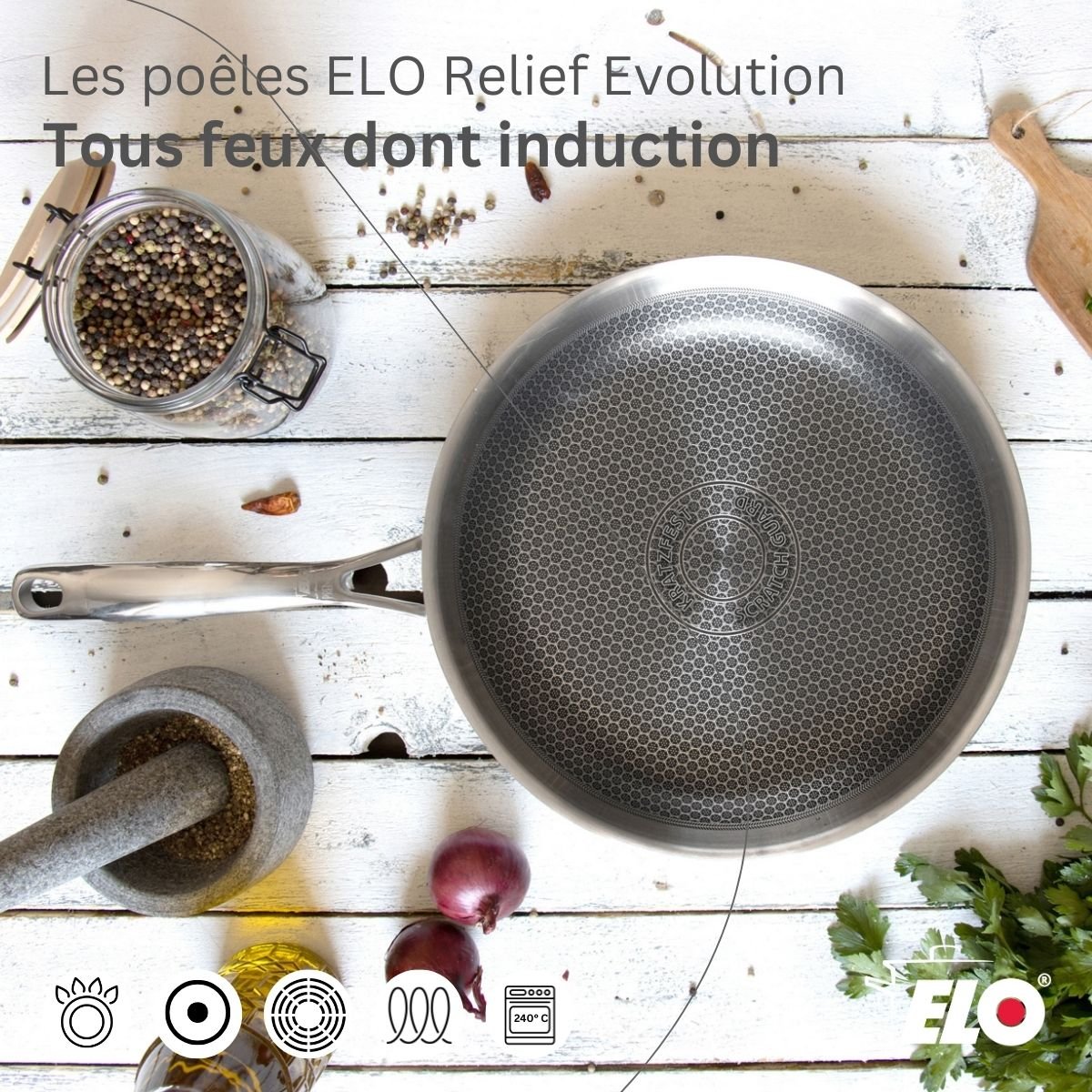 Batterie 2 poêles 24/28cm + 2 faitouts 14/16cm RELIEF EVOLUTION inox, ELO