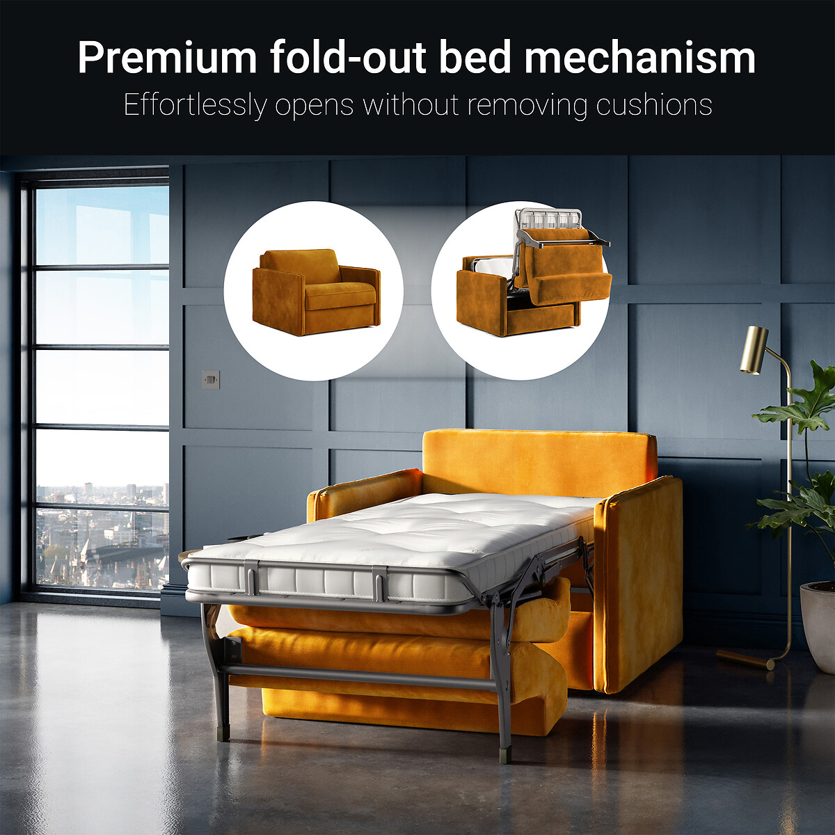 Jay-Be® Slim Luxe Velvet Snuggle Chair Sofa Bed with Deep Sprung Mattress saffron yellow, JAY-BE