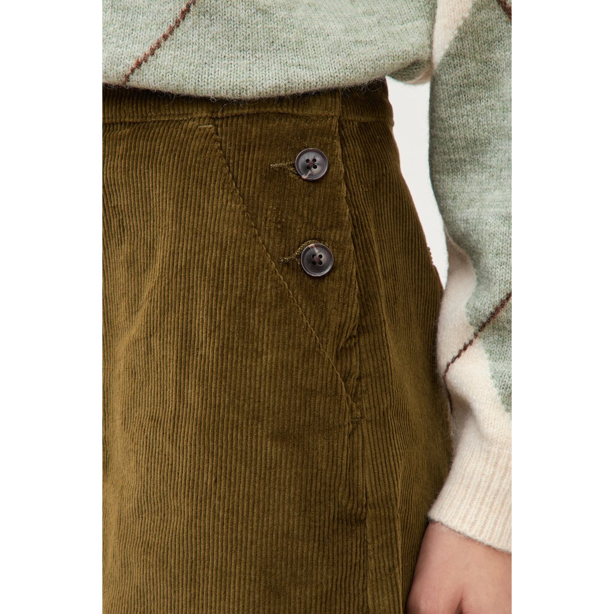 Jupe droite courte en velours vert olive, BONOBO