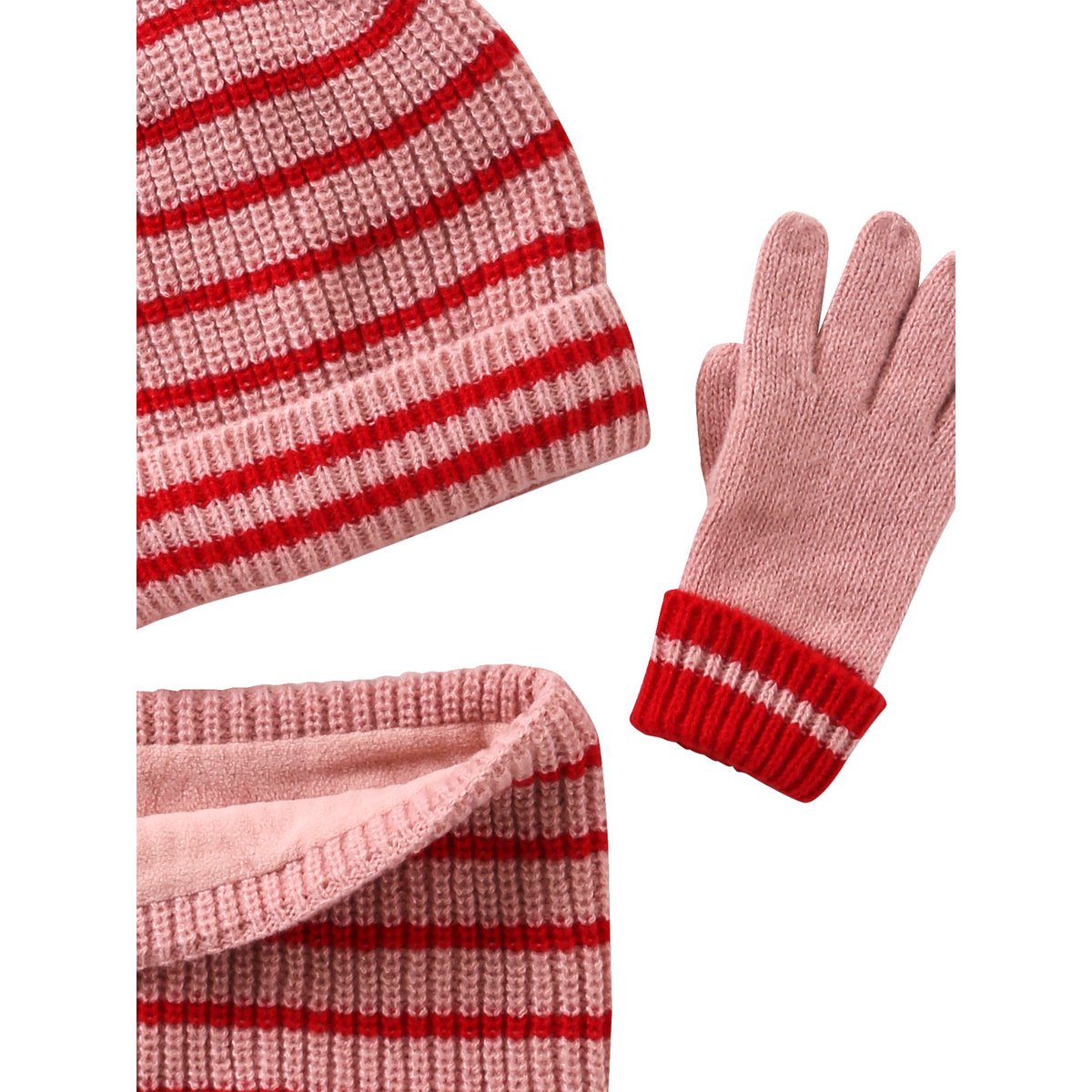 Ensemble rayé bonnet + snood + moufles/gants blush, VERTBAUDET