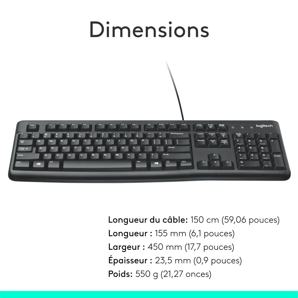 Clavier filaire K120 USB touches silencieuses couleur unique, LOGITECH