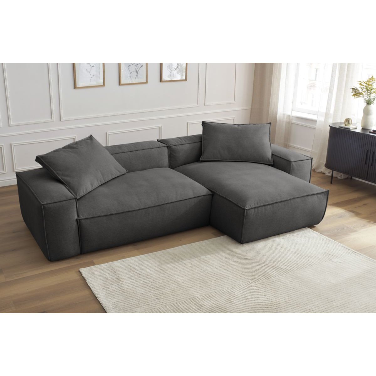 Canapé d'angle fixe 3 places en tissu chiné, BOHEME gris foncé, BOBOCHIC