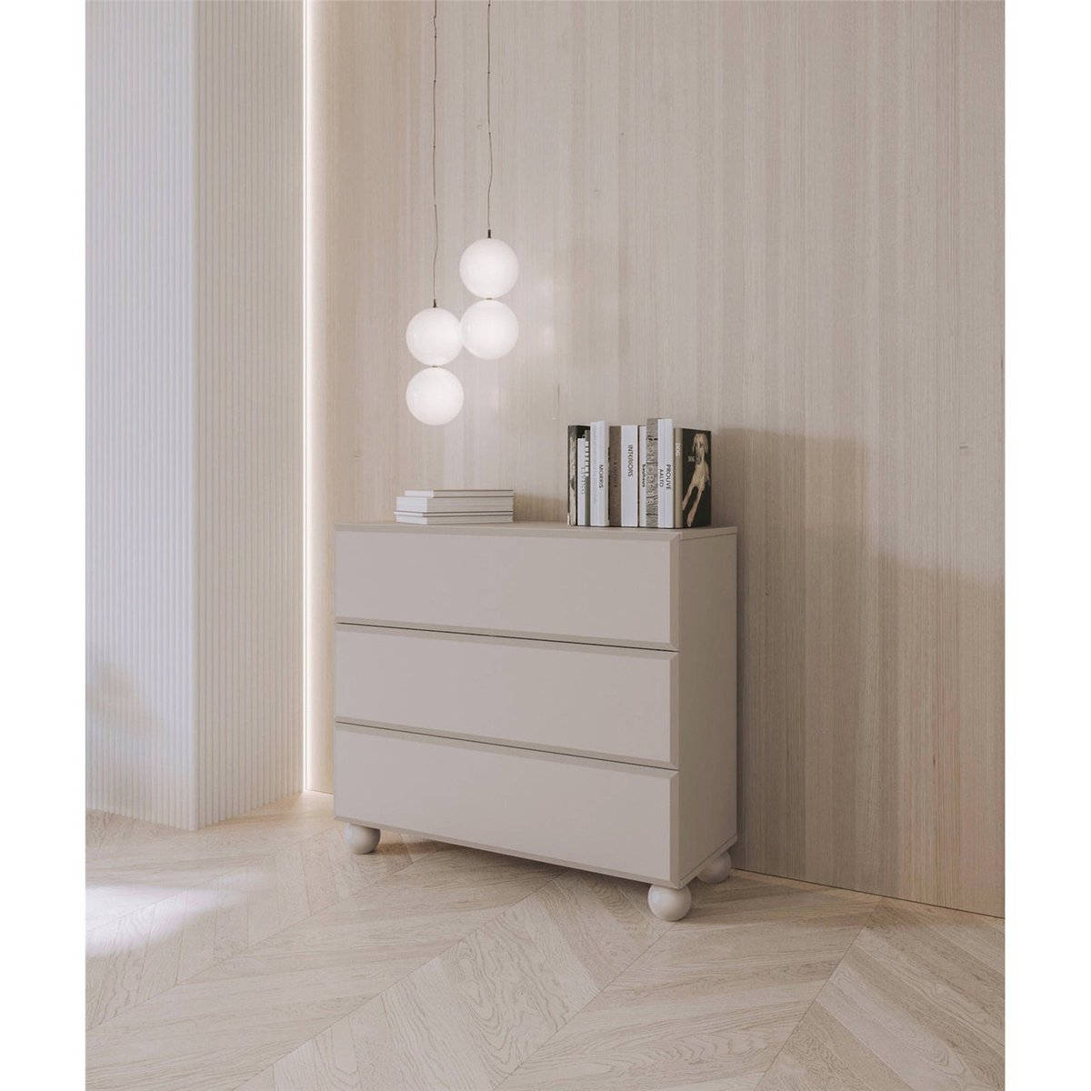 Commode 3 tiroirs sur pieds boule collection CHOCO beige sable, RECOLLECTION