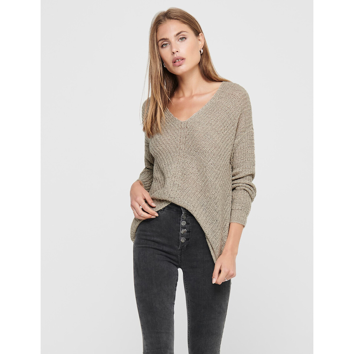 Pull in grossa maglia, scollo a V beige chiaro, JDY