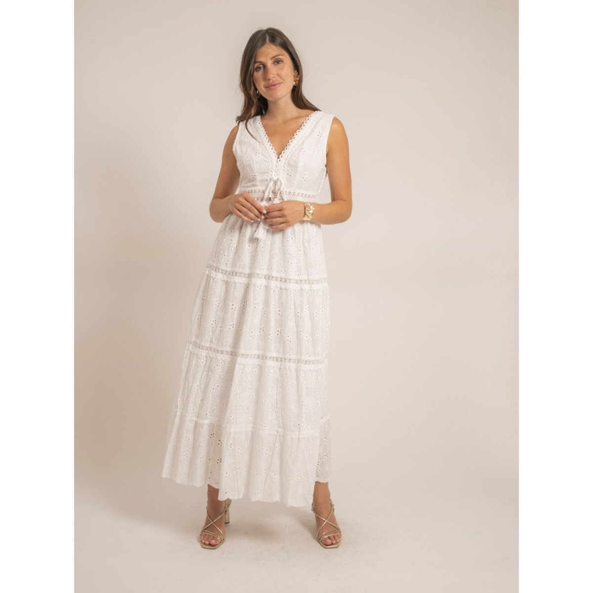 Robe Longue Broderies Anglaises Ipane blanc, DONA LISA