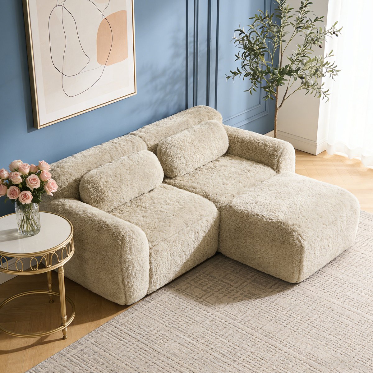 Canapé d'angle réversible 2 places avec pouf, WIND kaki, MEUBLES COSY