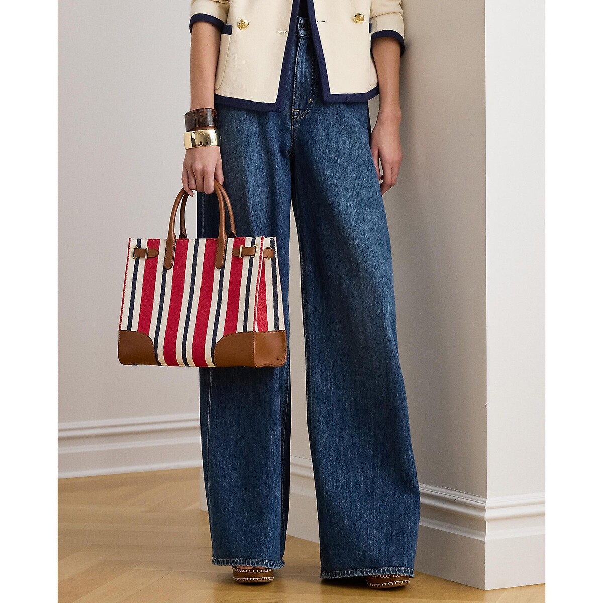 Gestreepte draagtas in canvas, DEVYN rood/camel, LAUREN RALPH LAUREN