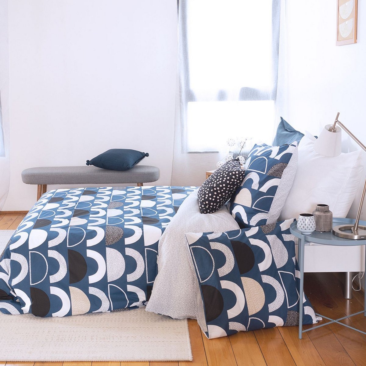 Parure de lit - housse de couette avec taies en coton bleu, EDEN