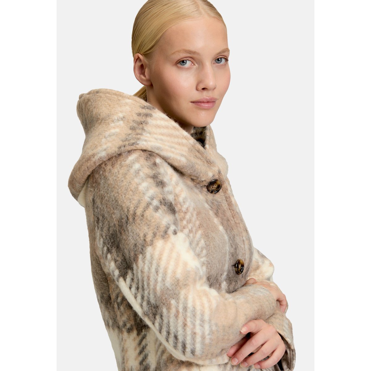 Manteau court à capuche blanc/taupe, AMBER & JUNE
