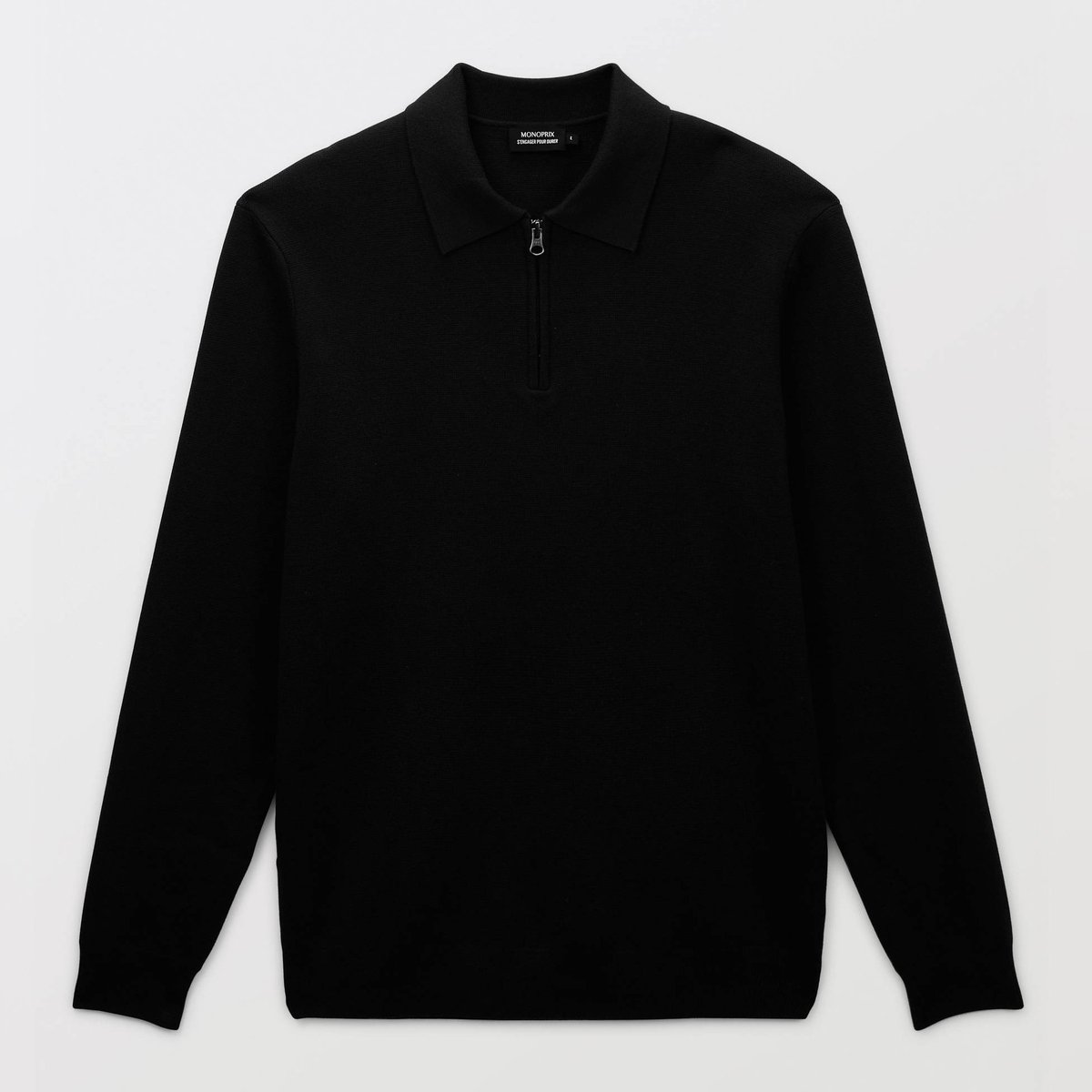 Pull col rond polo en coton et cachemire noir, MONOPRIX