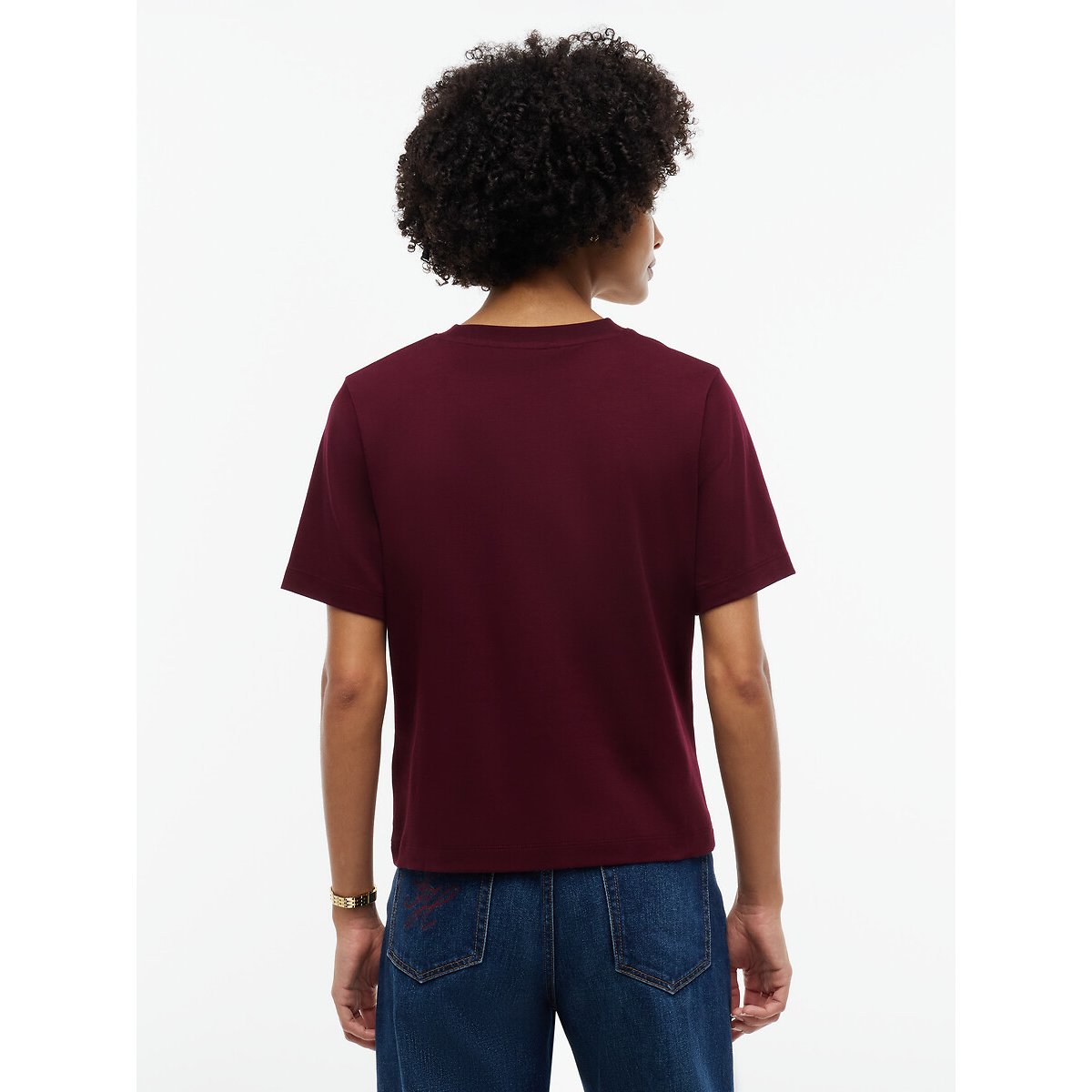 Camiseta de cuello redondo y manga corta con logotipo bordado borgoña, TOMMY HILFIGER