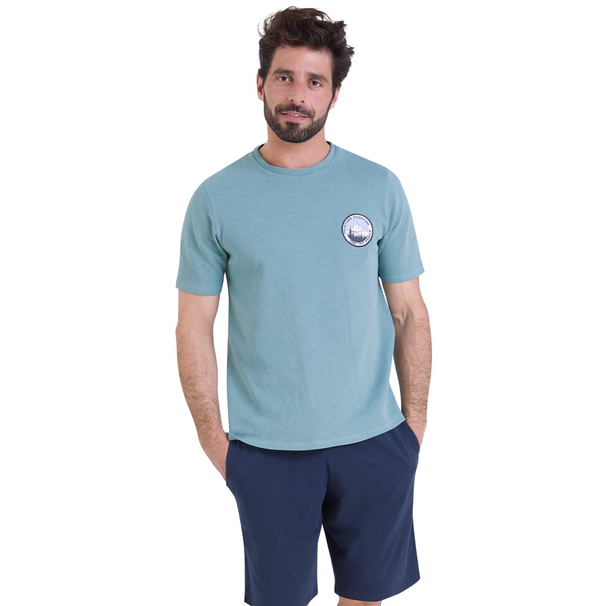Pyjama court col rond  WAFFLE bleu, ATHENA
