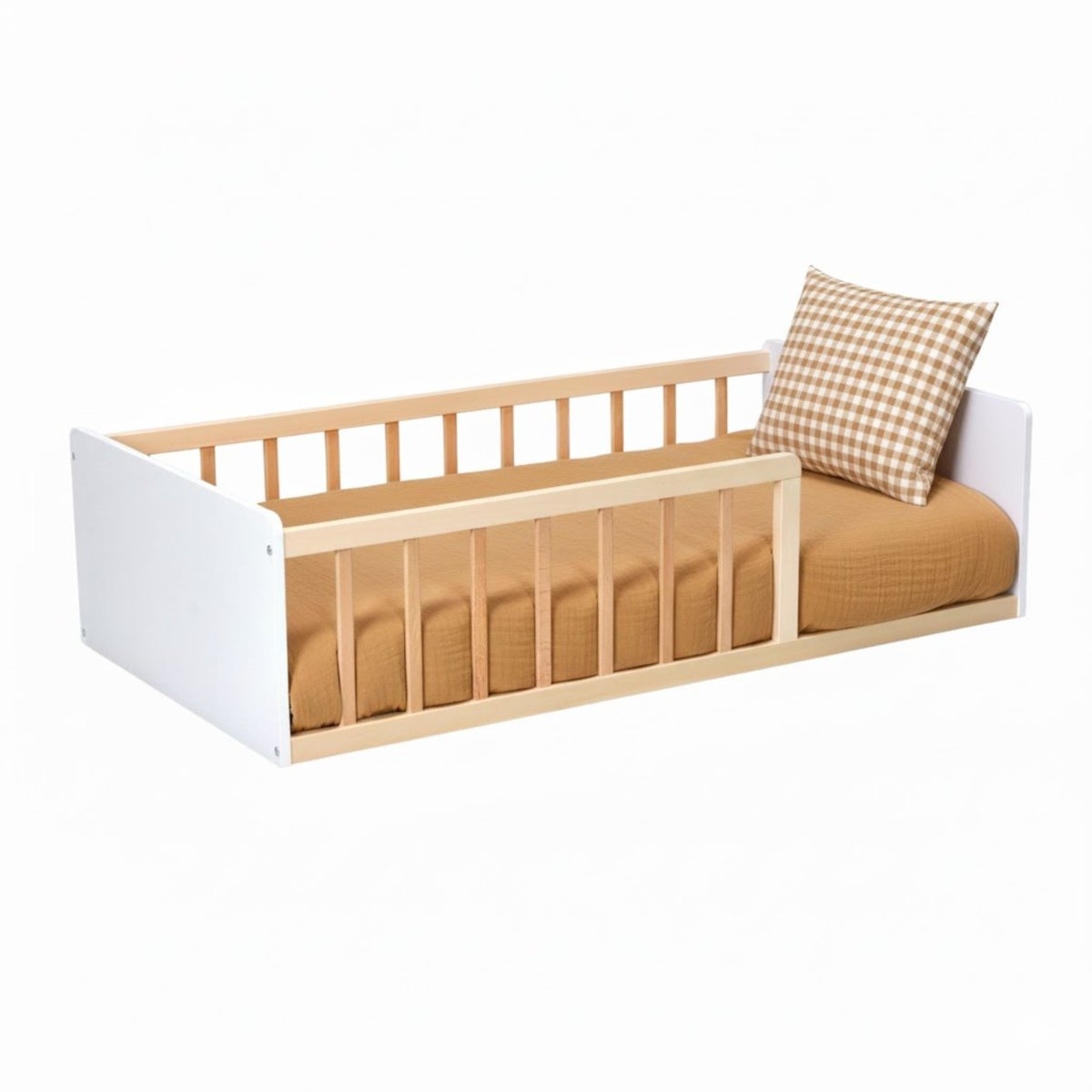 Lit enfant inspiration Montessori au sol à barreaux bicolore 90x190 naturel, TERRE DE NUIT