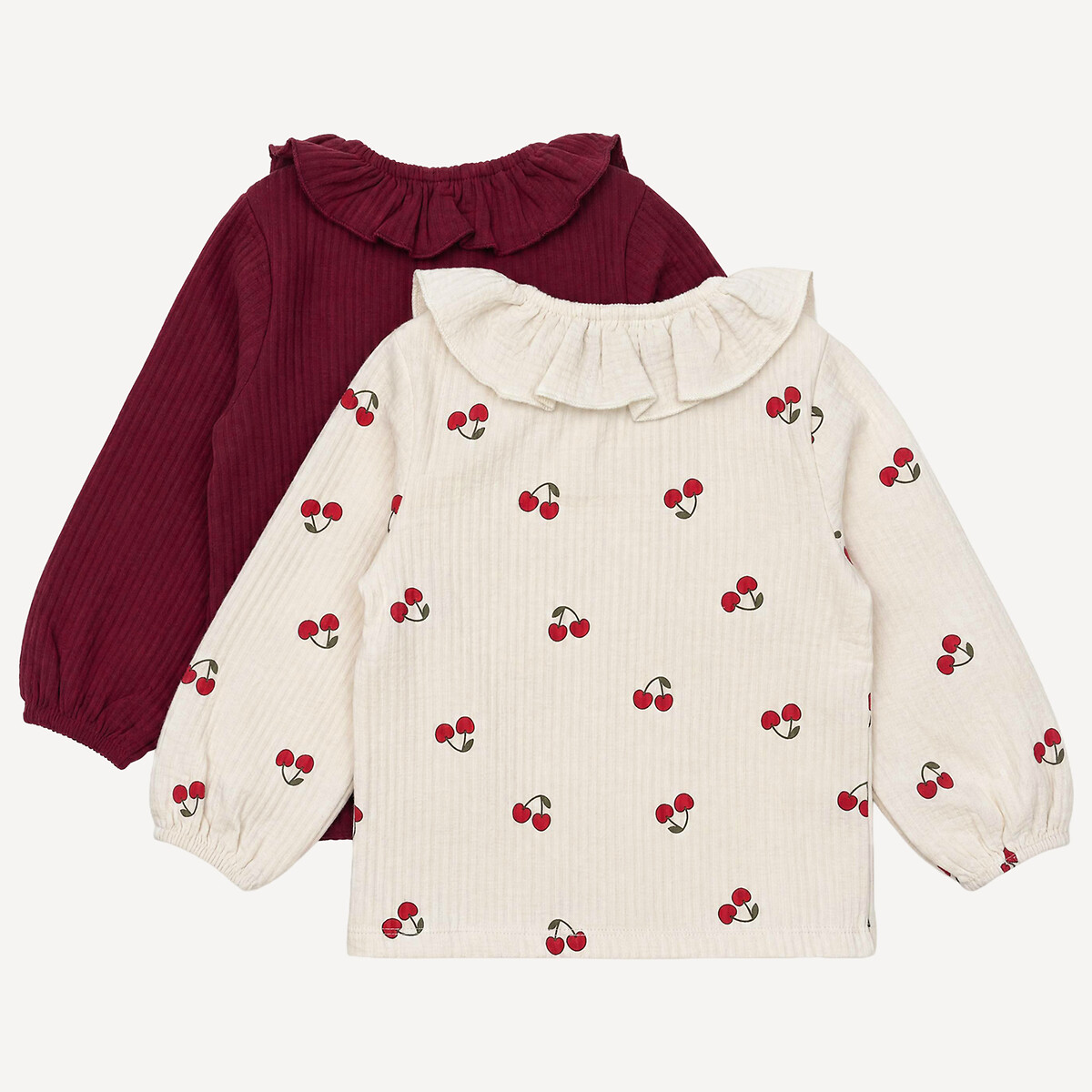 Lot de 2 T-shirts forme blouse, à manches longues, col volanté, en gaze de coton bordeaux/écru, LA REDOUTE COLLECTIONS