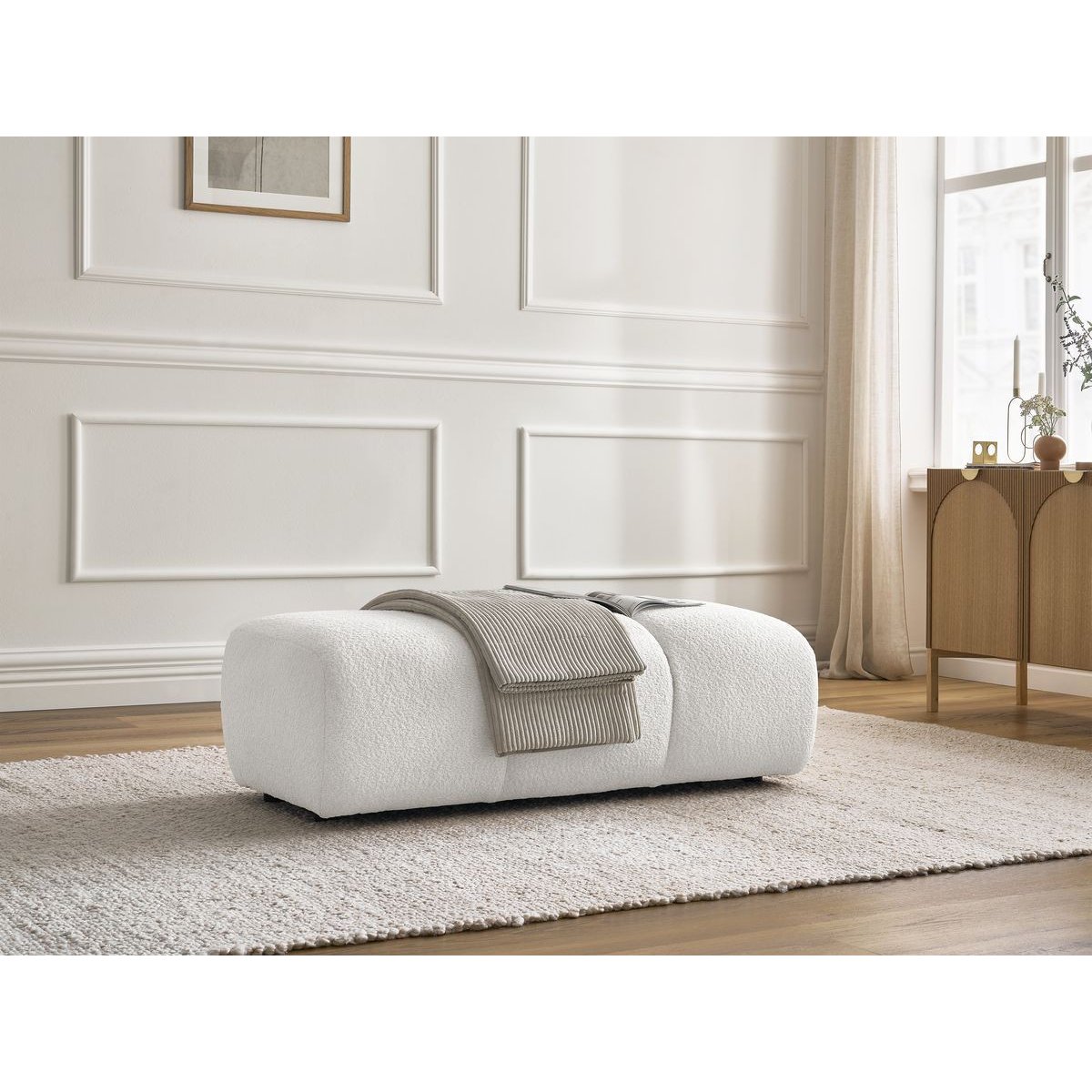 Pouf tissu bouclette, PAMIRA blanc, BOBOCHIC