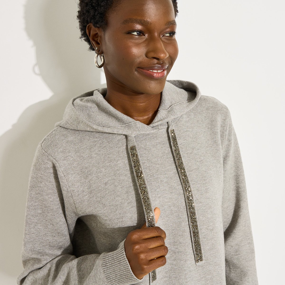 Pull bi matière à capuche gris, GRAIN DE MALICE