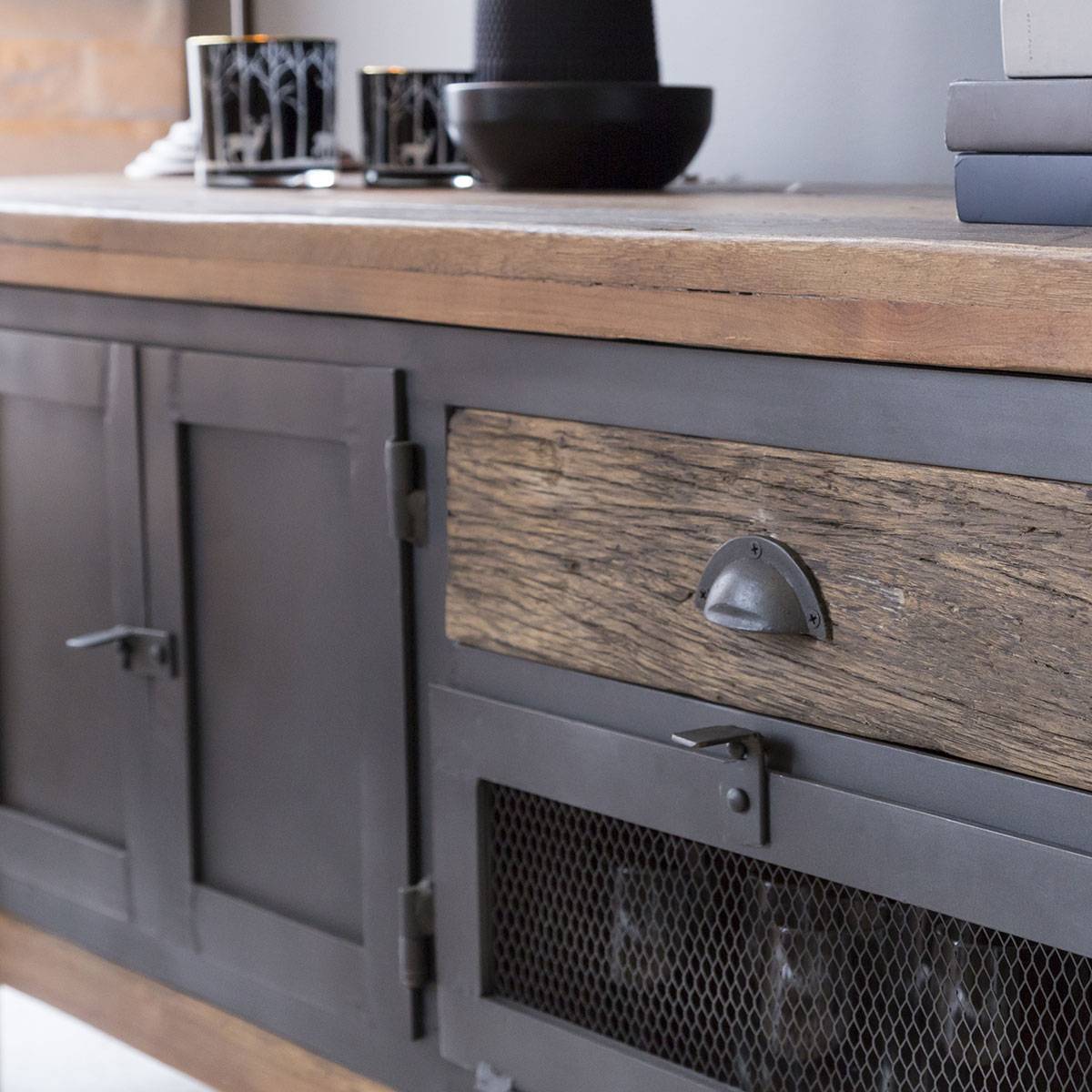 Meuble TV en bois recyclé HECTOR gris, MADE IN MEUBLES