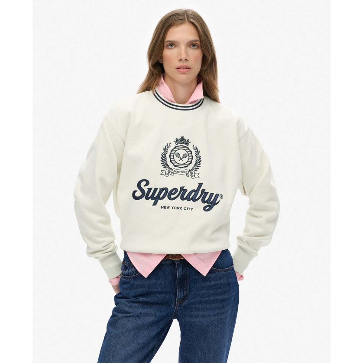 Sweat ample à col rond Country Club blanc cassé, SUPERDRY