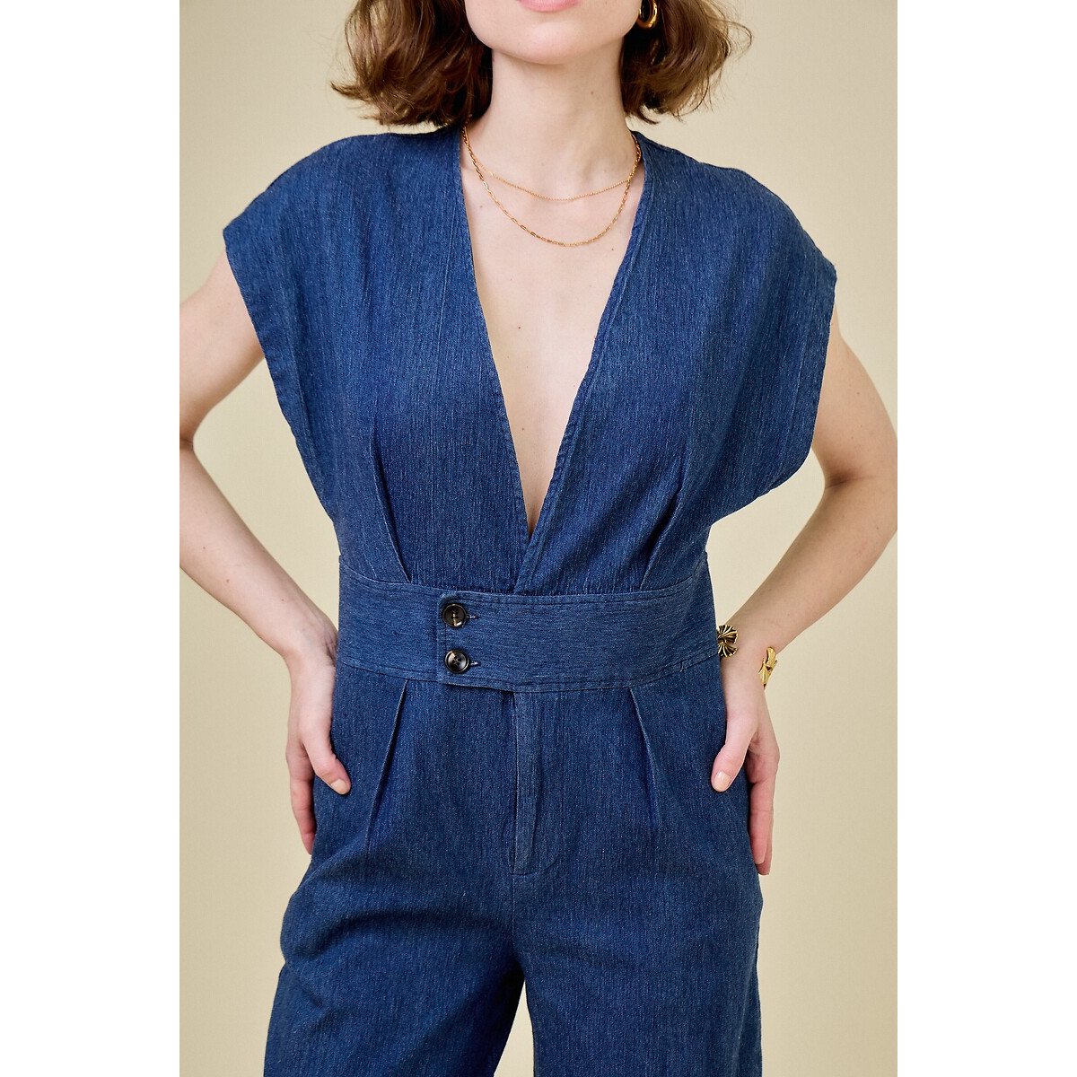Short-Sleeved Denim V-Neck Jumpsuit dark denim blue , SEE U SOON