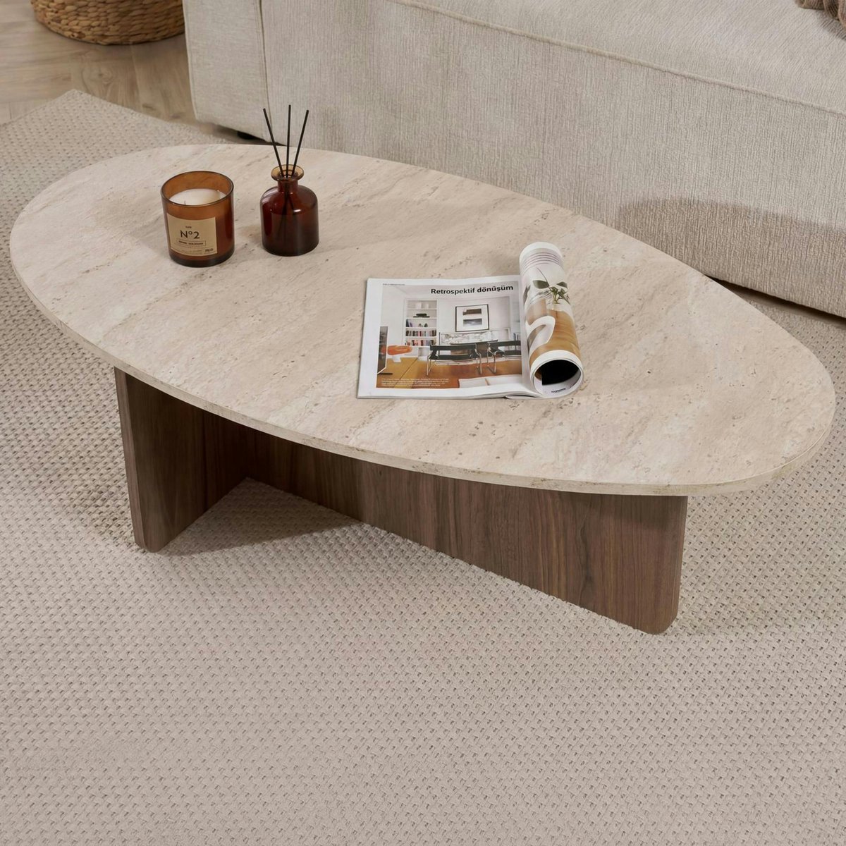 Table basse ovale organique décor travertin et noyer MARFA beige, PIER IMPORT
